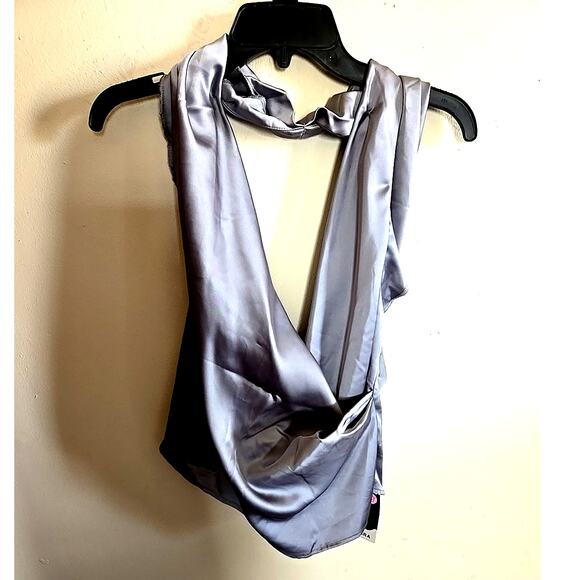 Halara Deep V Neck Backless Stacked Invisible Zip Size XL Satin Like Silver - Picture 3 of 6